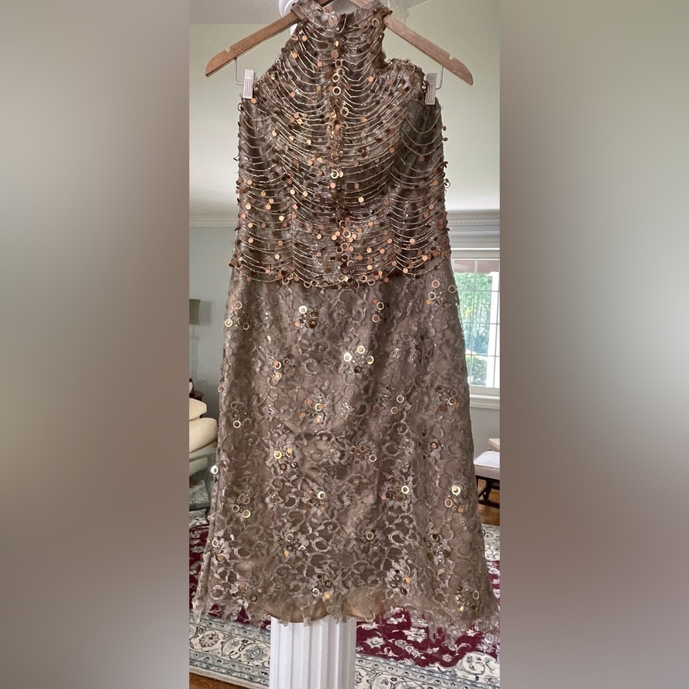 Tina di Montella women’s Lace sequins and beads champagne Halter neck dress S 12